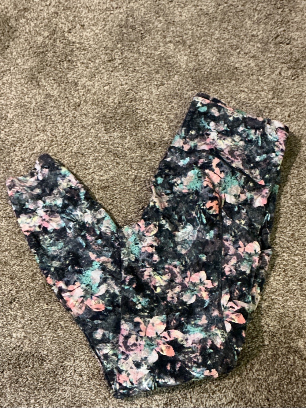 lululemon athletica Black Floral Print Leggings with Pink & Teal Accents